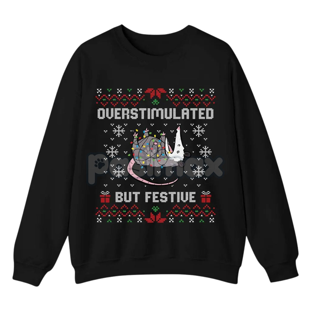 Funny Opossum Christmas Sweatshirt – "Overstimulated But Festive" Ugly Holiday Top