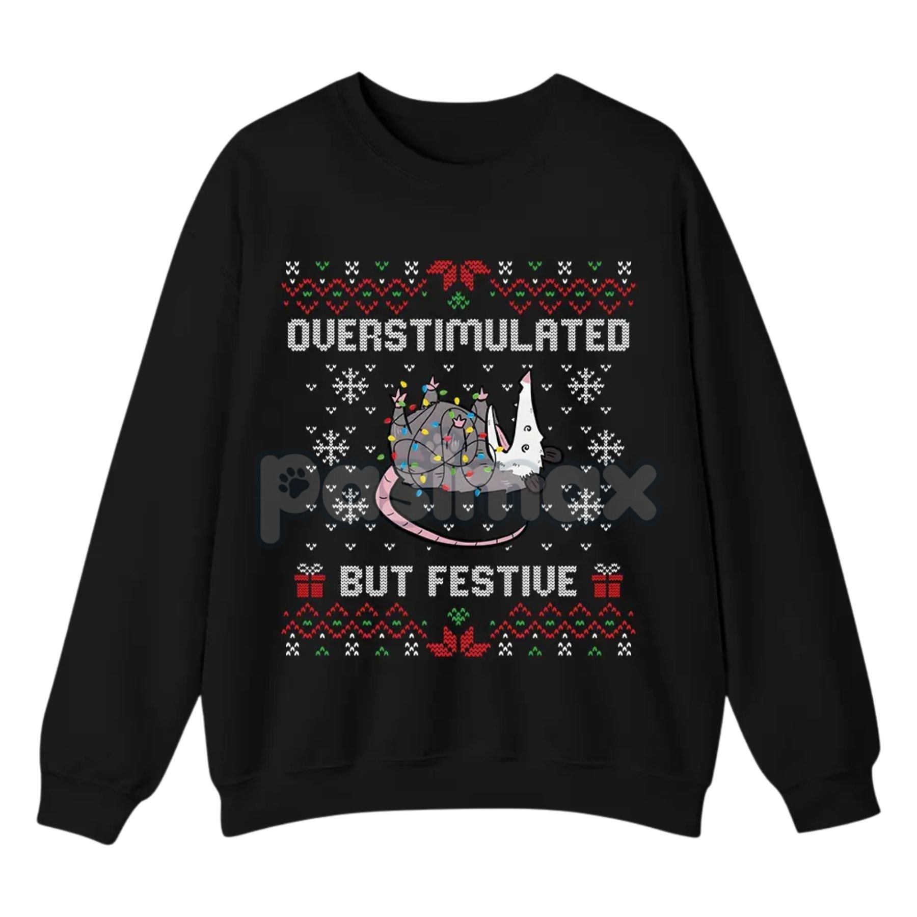 Funny Opossum Christmas Sweatshirt – "Overstimulated But Festive" Ugly Holiday Top