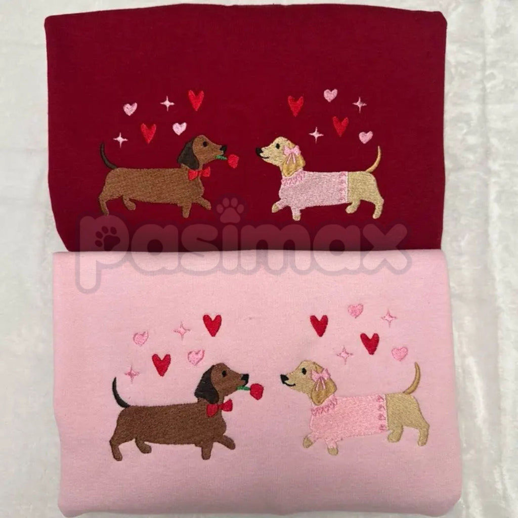 Embroidered Dachshund Valentine’s Day Sweatshirt – Cute Doxie Heart Crewneck