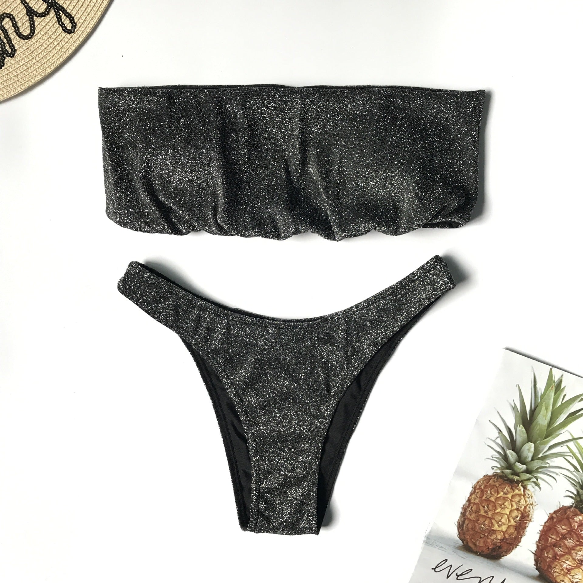 Sexy Sparkling Shiny Ribbed Bandeau Bikini 2025 Women Swimsuit Female Swimwear Two piece Bikini Set Triangle Bathing suit Swim