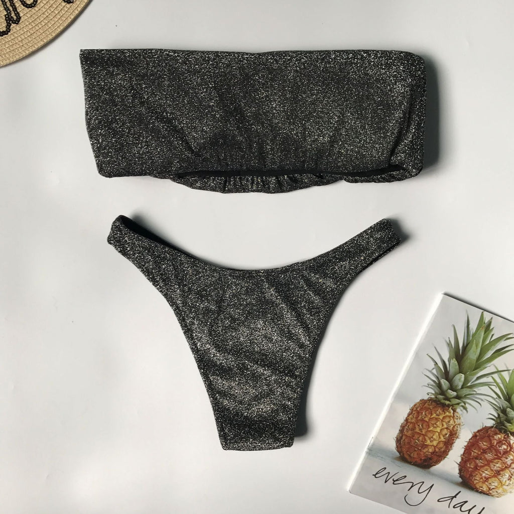 Sexy Sparkling Shiny Ribbed Bandeau Bikini 2025 Women Swimsuit Female Swimwear Two piece Bikini Set Triangle Bathing suit Swim