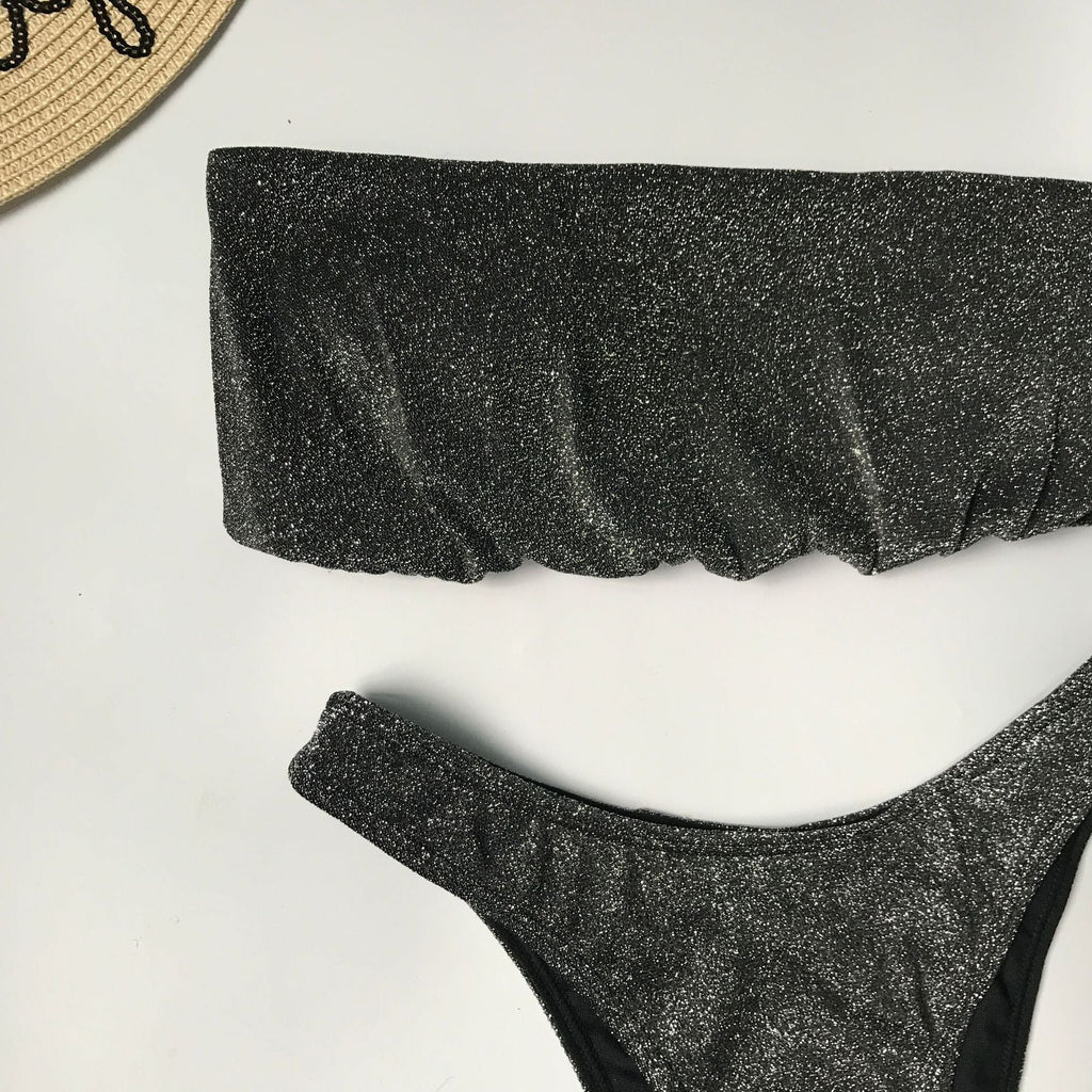 Sexy Sparkling Shiny Ribbed Bandeau Bikini 2025 Women Swimsuit Female Swimwear Two piece Bikini Set Triangle Bathing suit Swim