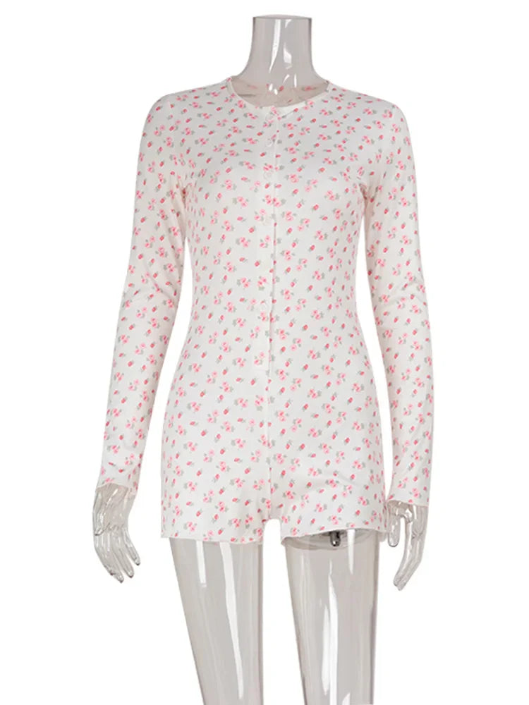 Ahagaga Casual Women Playsuits O-Neck Regular Long Sleeves Print Single Breasted Skinny Homewear Floral Sweet Femlae Rompers