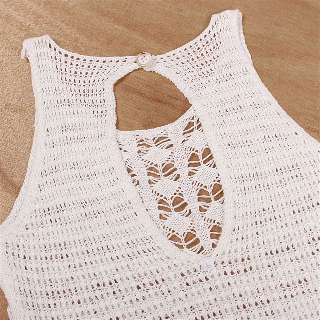 S- XL Sexy Hollow Out Fringe Tassel Knitted Crochet Tunic Beach Cover Up Cover-ups Beach Dress Beach Wear Beachwear Female V3800