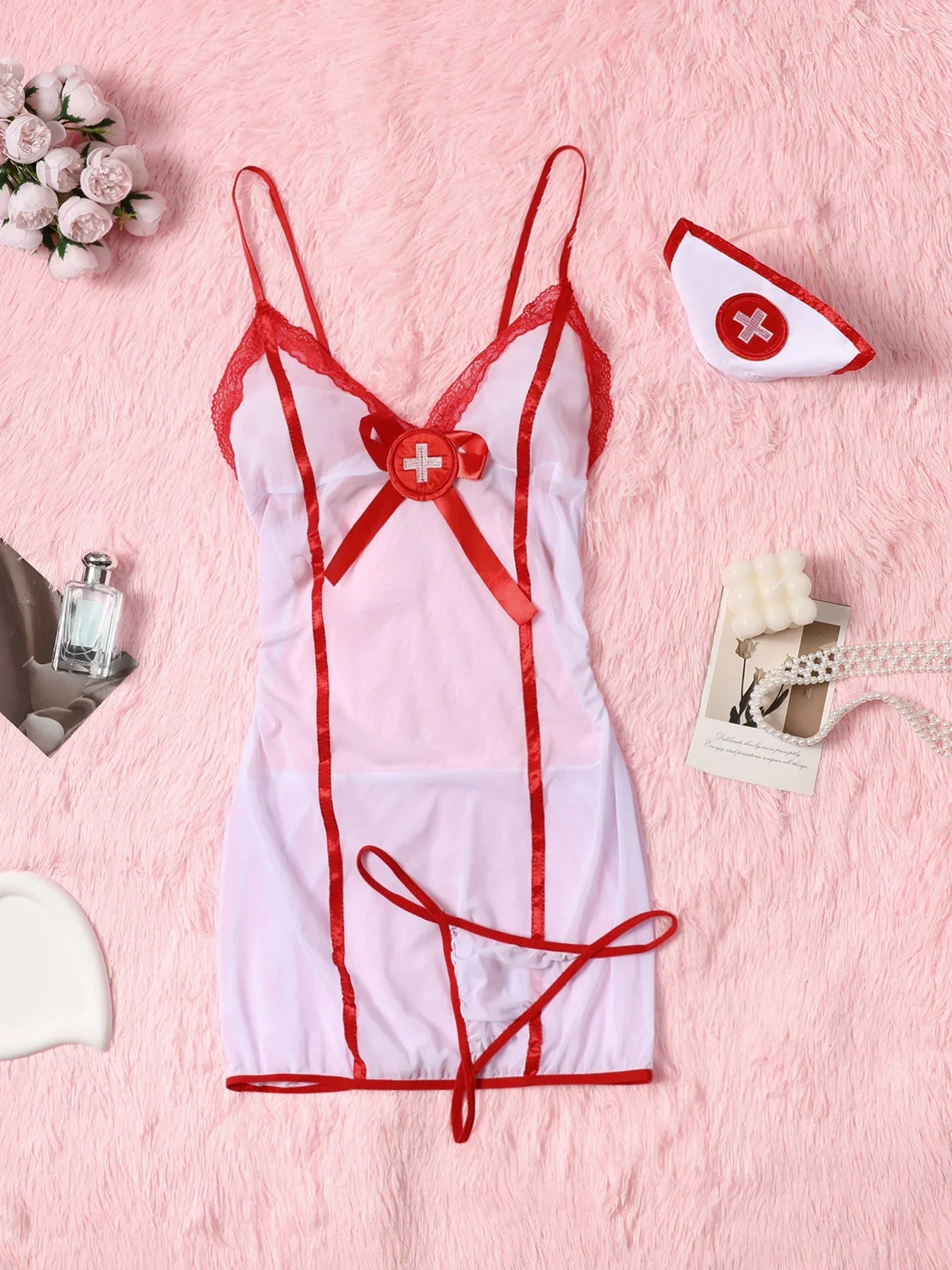 Sexy Sheer Mesh Naughty Nurse Role Play Costume – Color Block Cami Dress, Thong & Hat for Women, Perfect for Intimate Nights