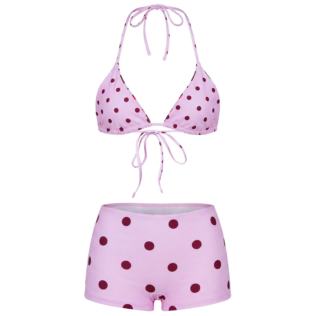 Women Halter Bra Tops with Shorts 2 Pieces Set Stylish Bikini Bathing Suit Summer Dot Print Bikini Swimsuits