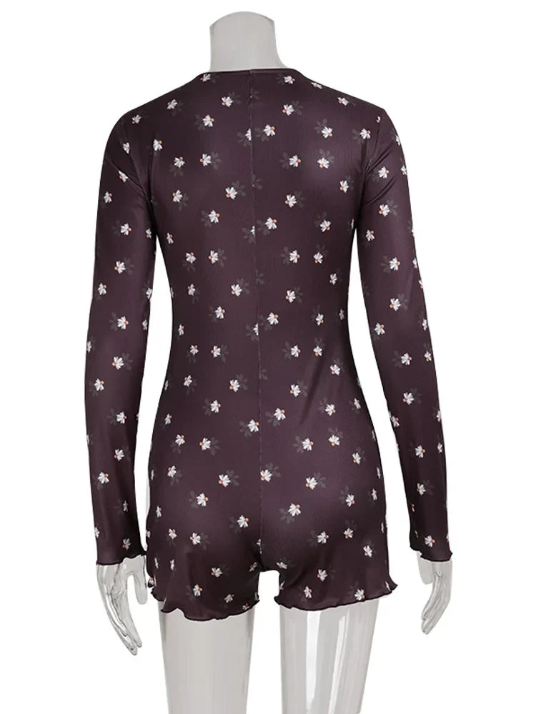 Ahagaga Casual Women Playsuits O-Neck Regular Long Sleeves Print Single Breasted Skinny Homewear Floral Sweet Femlae Rompers