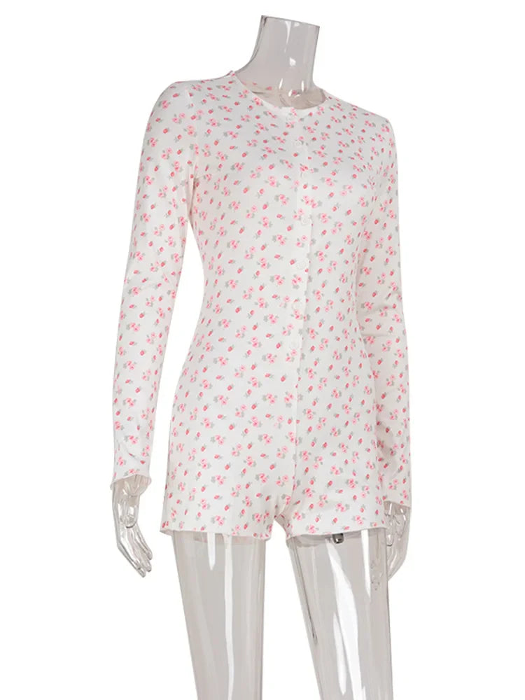 Ahagaga Casual Women Playsuits O-Neck Regular Long Sleeves Print Single Breasted Skinny Homewear Floral Sweet Femlae Rompers