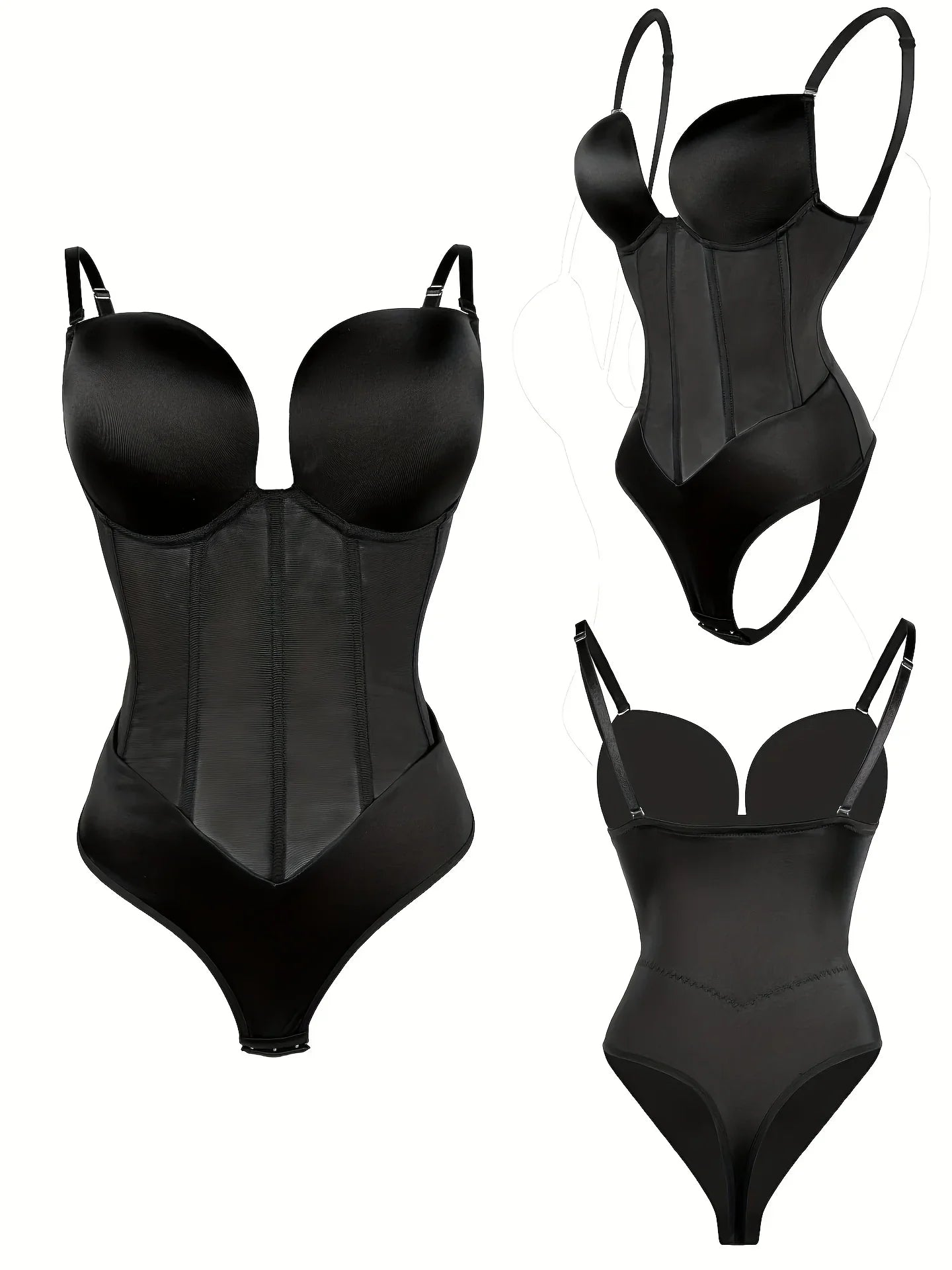 1pc Sexy Corset Solid Color Deep V Neck Contouring Onesie Belly Control Waist Trainer Slimming Thong Shapewear Women'S Lingerie