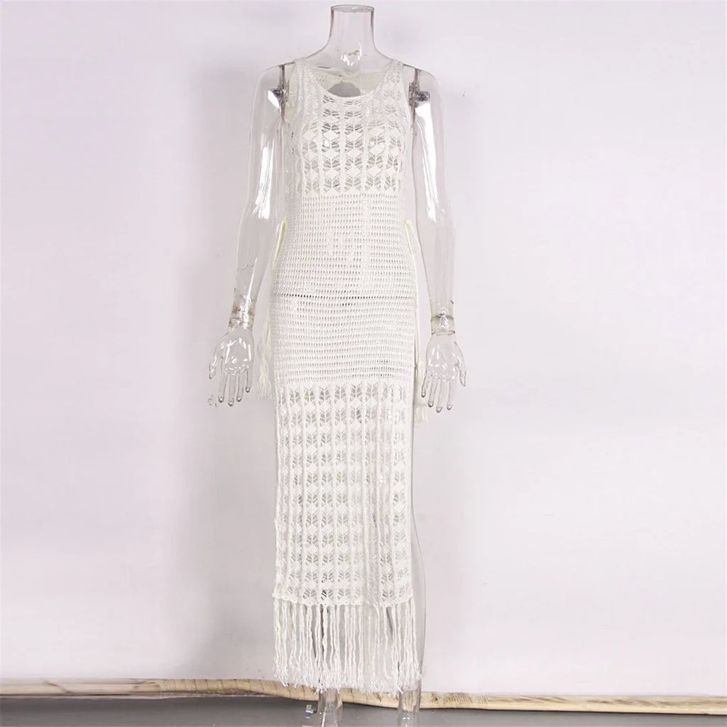 S- XL Sexy Hollow Out Fringe Tassel Knitted Crochet Tunic Beach Cover Up Cover-ups Beach Dress Beach Wear Beachwear Female V3800