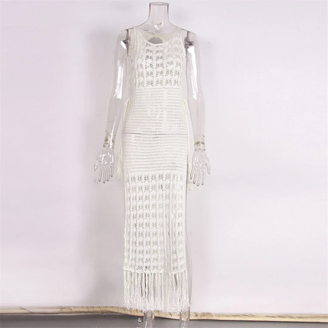 S-XL Sexy Hollow Out Fringe Tassel Knitted Crochet Tunic Beach Cover Up Cover-ups Beach Dress Beach Wear Beachwear Female V3800C