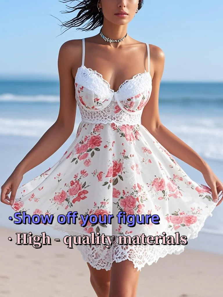 Elegant Two-Piece Sleepwear Set – Soft Lace V-Neck, Floral Print, Breathable Fabric, Sexy Lingerie for Bed, Beach, Party