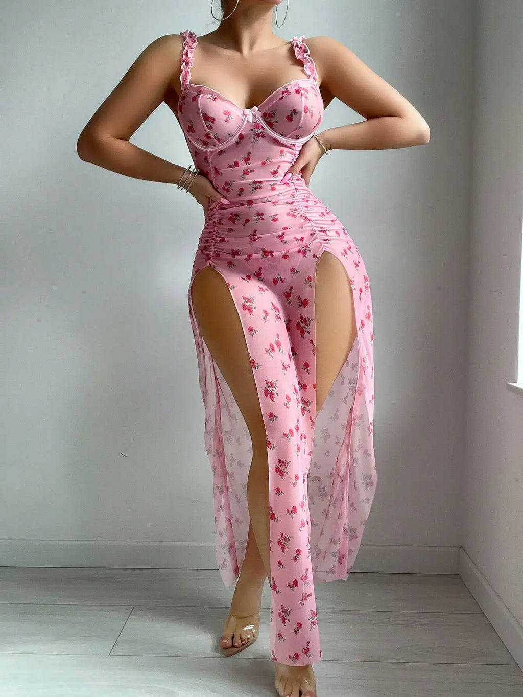 Women Match Spaghetti Strap Lingeries Underwear Dresses Sets for Women Print Long Sexy Mesh Slit Panties Sets