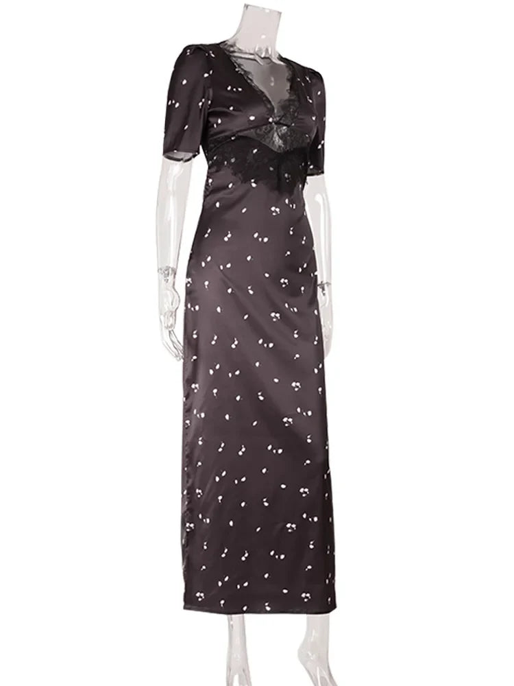 Ahagaga Eelgant Dresses For Women Patchwork Lace Floral V-Neck Short Sleeves Slim Fit Bodycon Trend Sheath Femlae Vestidos Robes