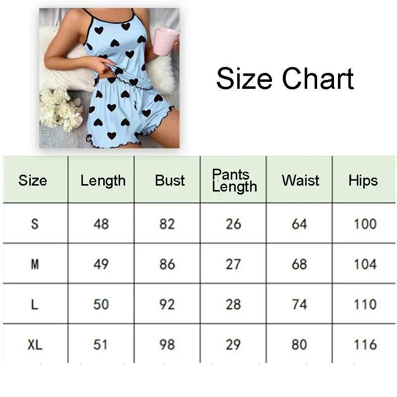 Women Heart Print Pajama Set Spaghetti Strap Cami Top and Shorts Soft Breathable Summer Sleepwear Casual Loungewear Set