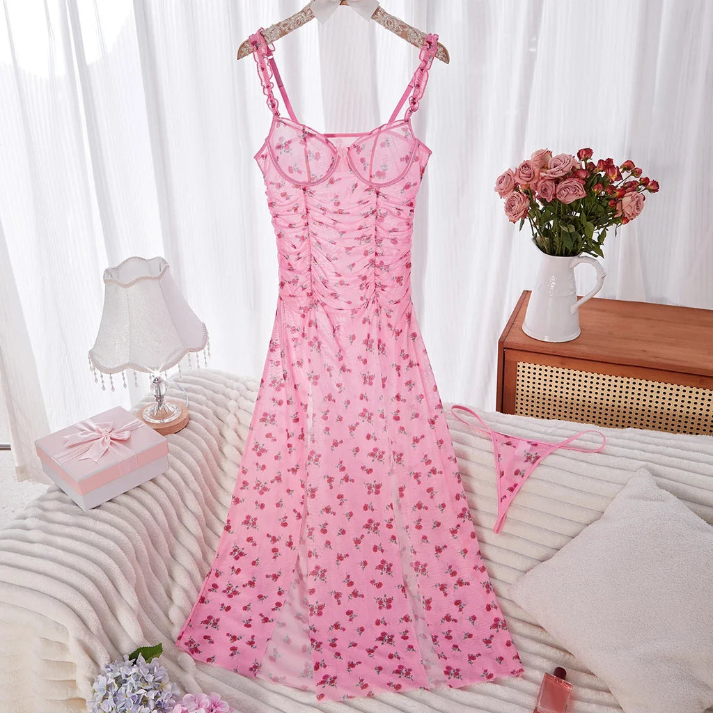 Women Match Spaghetti Strap Lingeries Underwear Dresses Sets for Women Print Long Sexy Mesh Slit Panties Sets