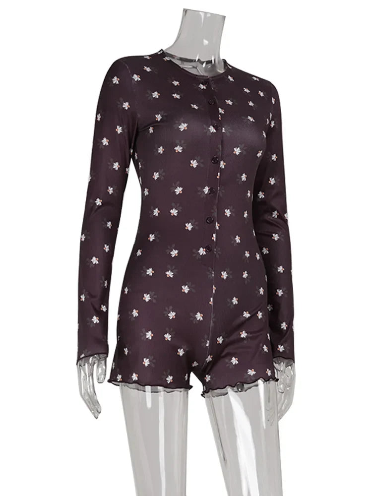 Ahagaga Casual Women Playsuits O-Neck Regular Long Sleeves Print Single Breasted Skinny Homewear Floral Sweet Femlae Rompers