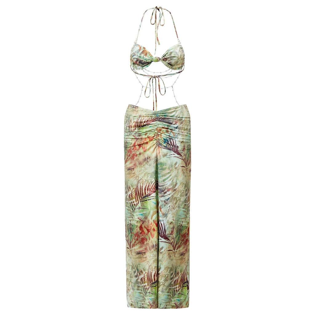 Women Tie-dye Printed Summer Party Club Halter Long Dress Backless Deep V Neck Sleeveless Bead Chain Bodycon Dresses