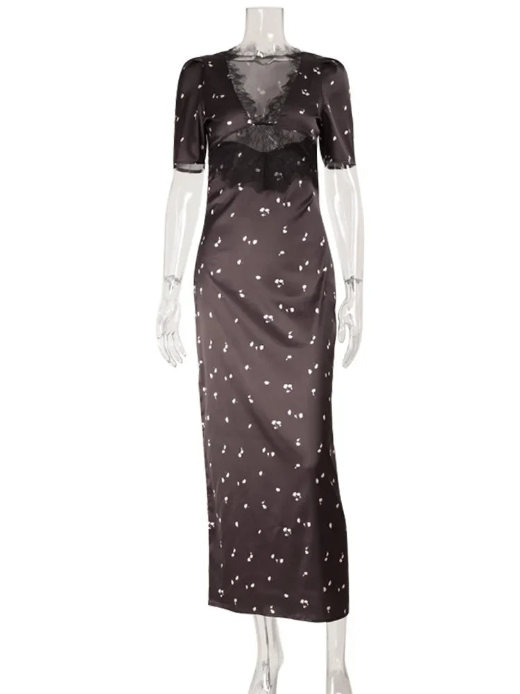 Ahagaga Eelgant Dresses For Women Patchwork Lace Floral V-Neck Short Sleeves Slim Fit Bodycon Trend Sheath Femlae Vestidos Robes