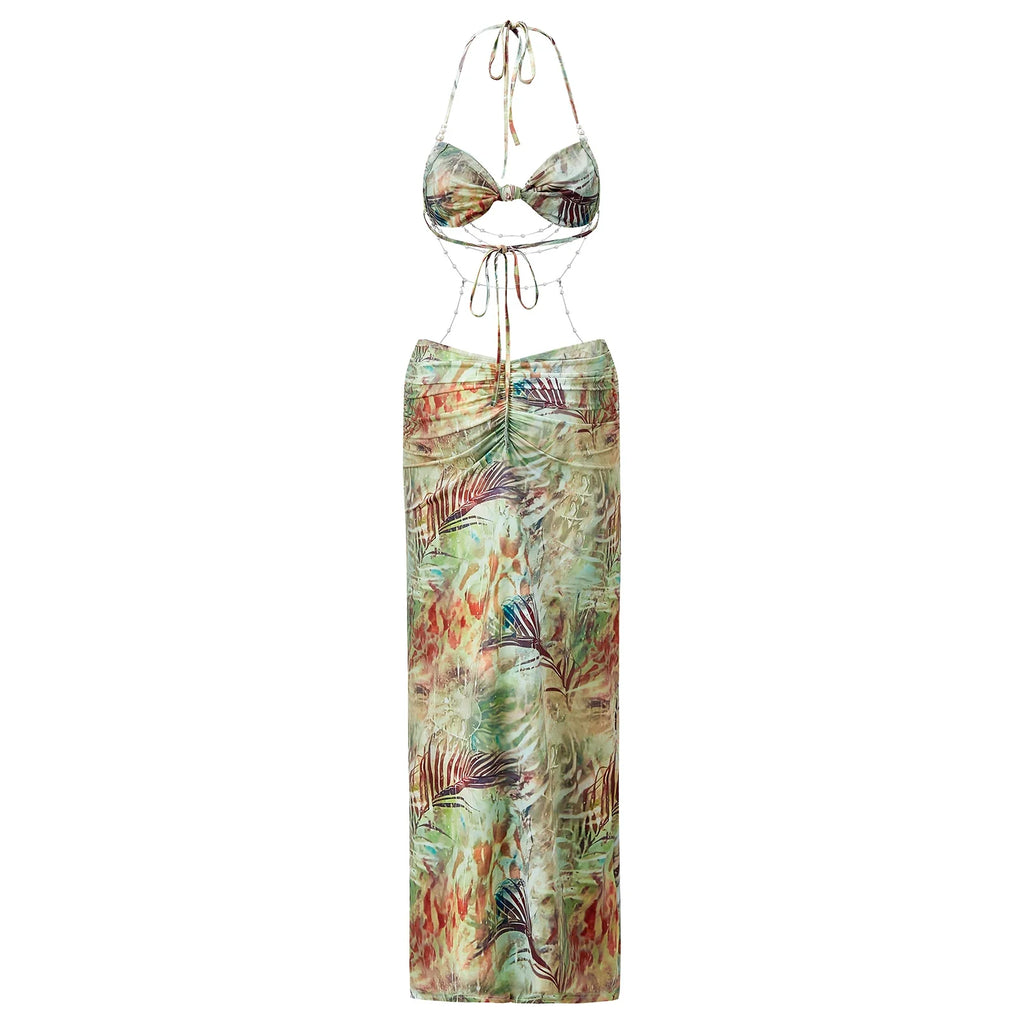Women Tie-dye Printed Summer Party Club Halter Long Dress Backless Deep V Neck Sleeveless Bead Chain Bodycon Dresses