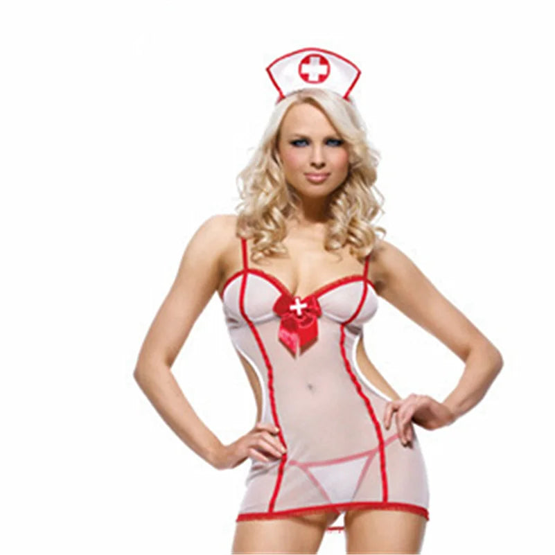 Sexy Sheer Mesh Naughty Nurse Role Play Costume – Color Block Cami Dress, Thong & Hat for Women, Perfect for Intimate Nights