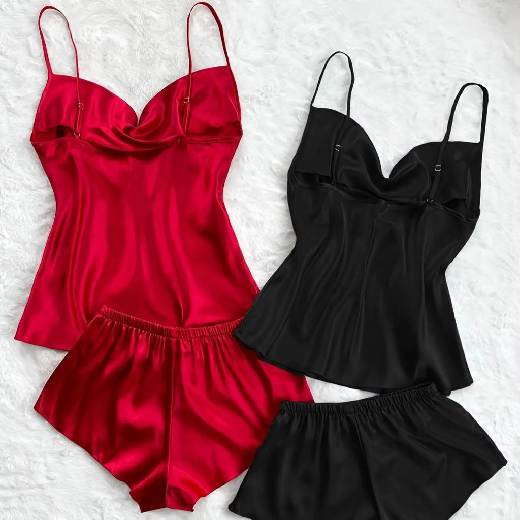2 Sets Sexy Solid Satin Women's Pajama Set - Turtleneck Backless Cami Top & Shorts, Comfortable Relaxed Fit, Summer Nightwear