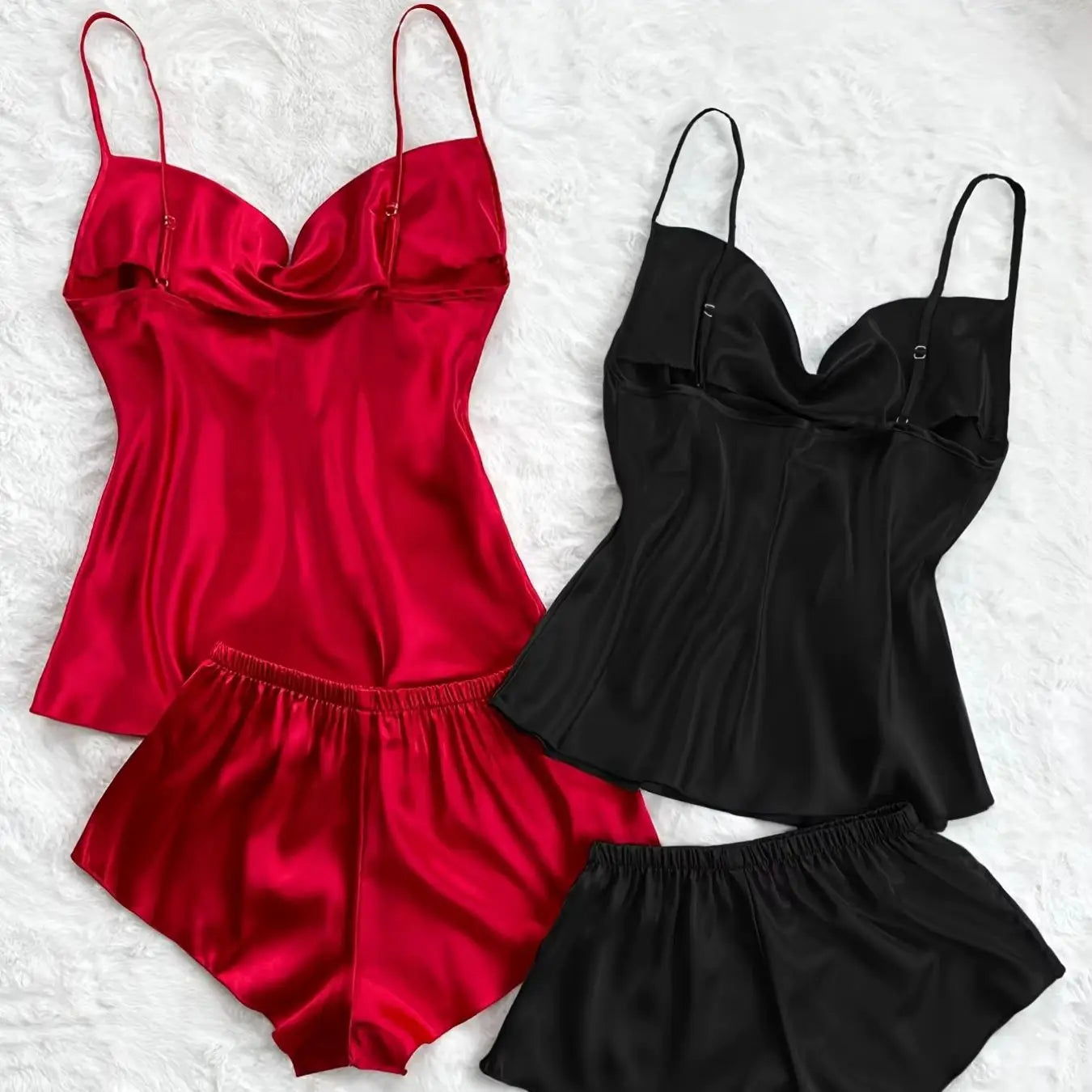 2 Sets Sexy Solid Satin Women's Pajama Set - Turtleneck Backless Cami Top & Shorts, Comfortable Relaxed Fit, Summer Nightwear
