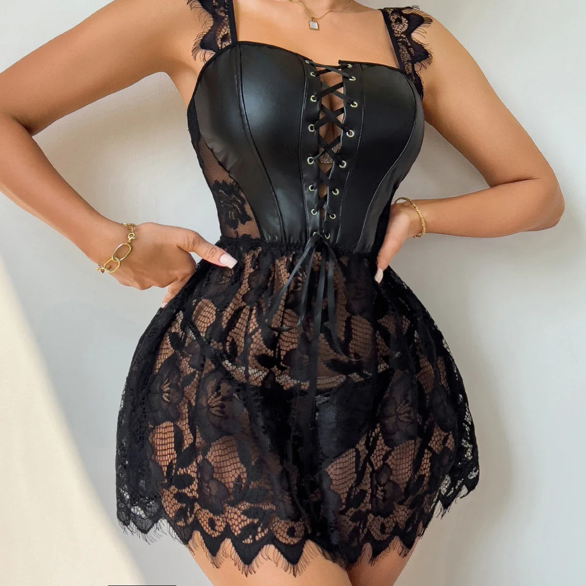 Sexy Lingerie for Women Sheer PU Leather Lace Lingerie Set Women's Lingerie Babydoll Lingerie Black Pajamas