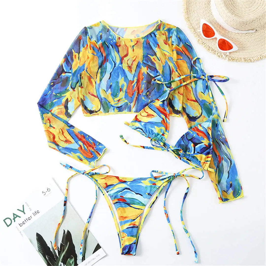 S- XXL Leopard Printed Long Sleeve Bikini Women Swimwear Female Swimsuit Three-Pieces Bikini Set Bather Bathing Suit Swim V3193Y