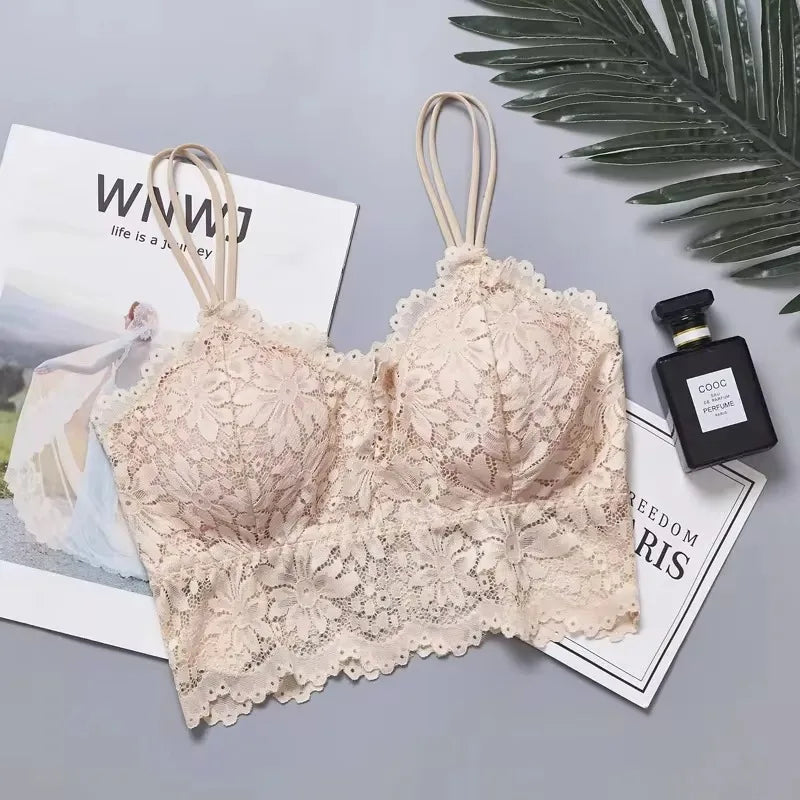 4pcs Women'S Sexy Lace Bra & Panty Set, Breathable & Comfortable, Removable Bra, Stretchy Lingerie Set