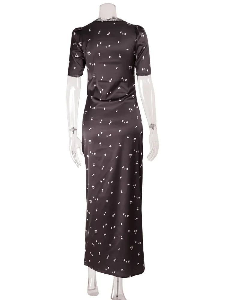 Ahagaga Eelgant Dresses For Women Patchwork Lace Floral V-Neck Short Sleeves Slim Fit Bodycon Trend Sheath Femlae Vestidos Robes