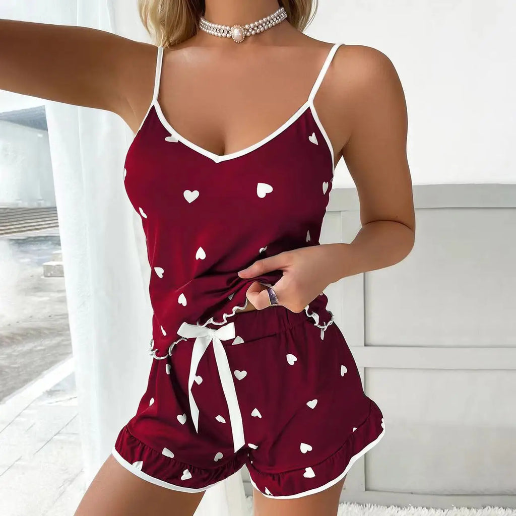 Women’s 2 Piece Pajama Set Heart Print Cami Top and Shorts Sleepwear Summer Loungewear Nightwear Sexy Cute Pjs Set