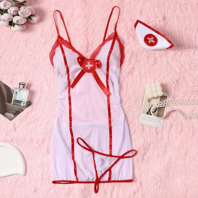 Sexy Sheer Mesh Naughty Nurse Role Play Costume – Color Block Cami Dress, Thong & Hat for Women, Perfect for Intimate Nights