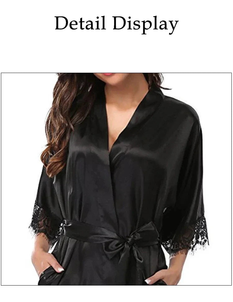 Women Iace Silk Pajamas Robes Sleepwear Nightgowns Half Sleeve Nightdress Black Lace Bathrobe Smooth Soft Comfortable Pure Color