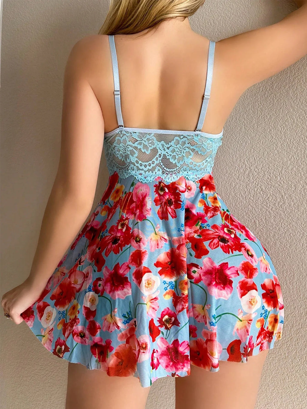 Women's Lace Underwire Floral Babydoll Nightgown Flowy Lingerie Dress and Thong Set
