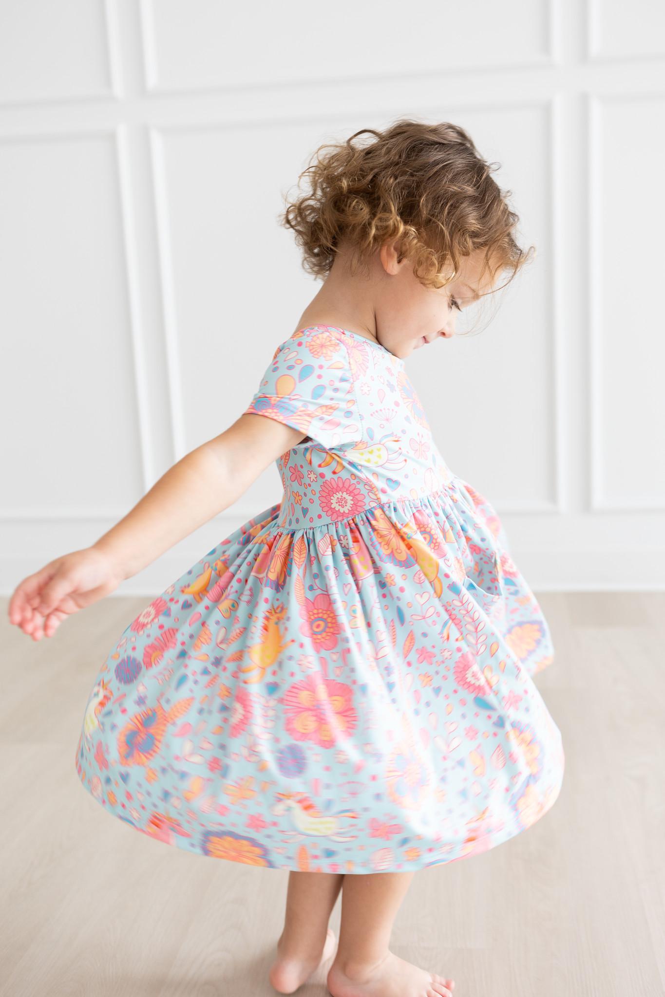 SALE Blue Retro Unicorns S/S Pocket Twirl Dress