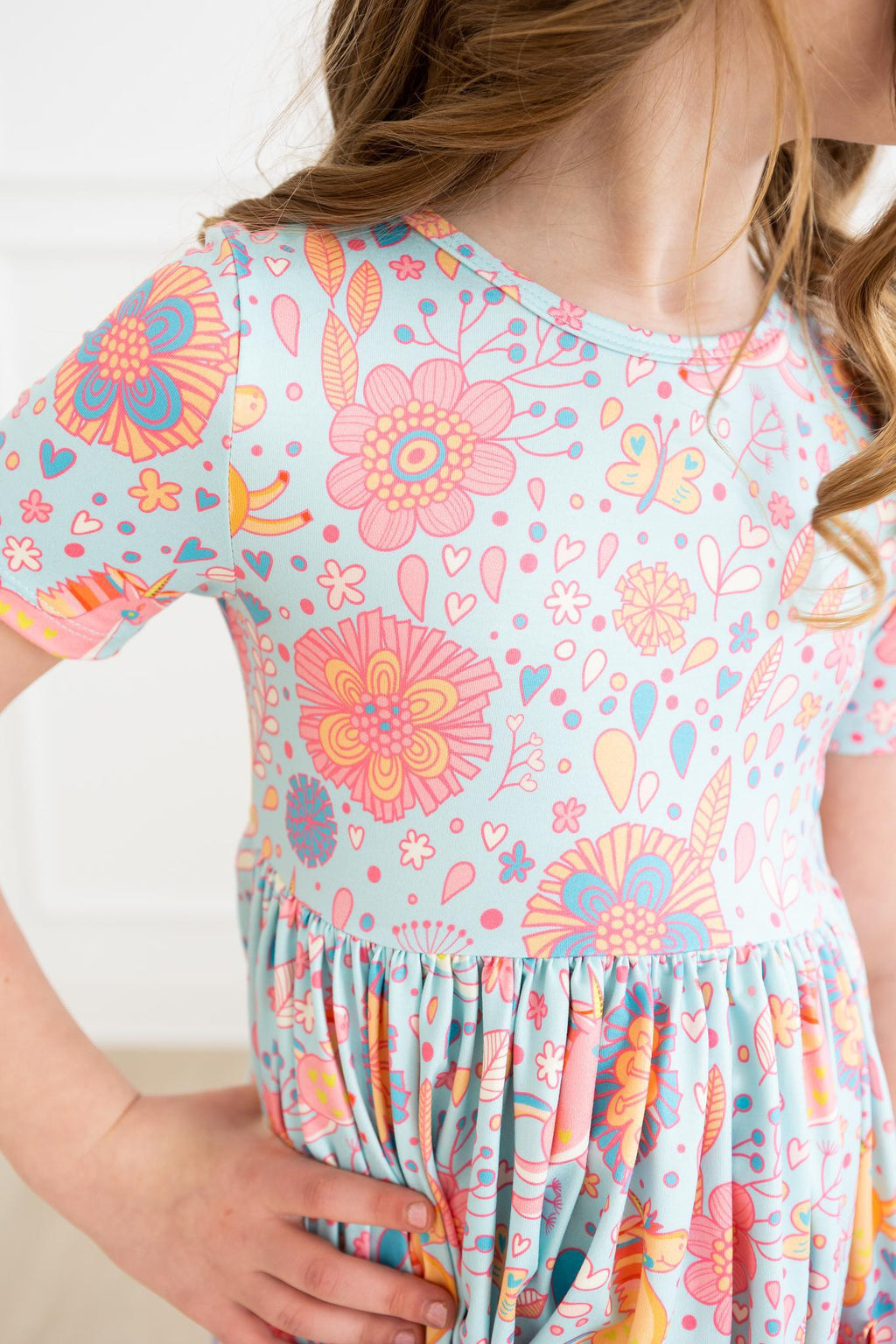 SALE Blue Retro Unicorns S/S Pocket Twirl Dress