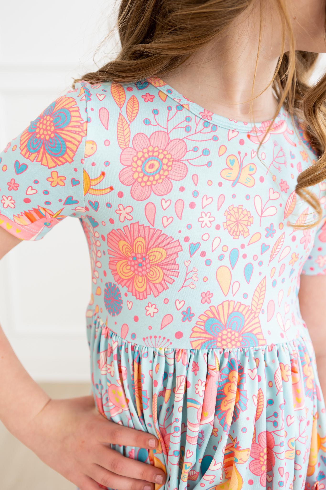 SALE Blue Retro Unicorns S/S Pocket Twirl Dress