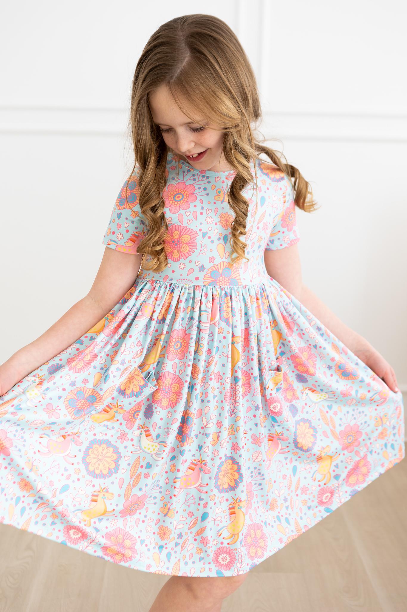 SALE Blue Retro Unicorns S/S Pocket Twirl Dress