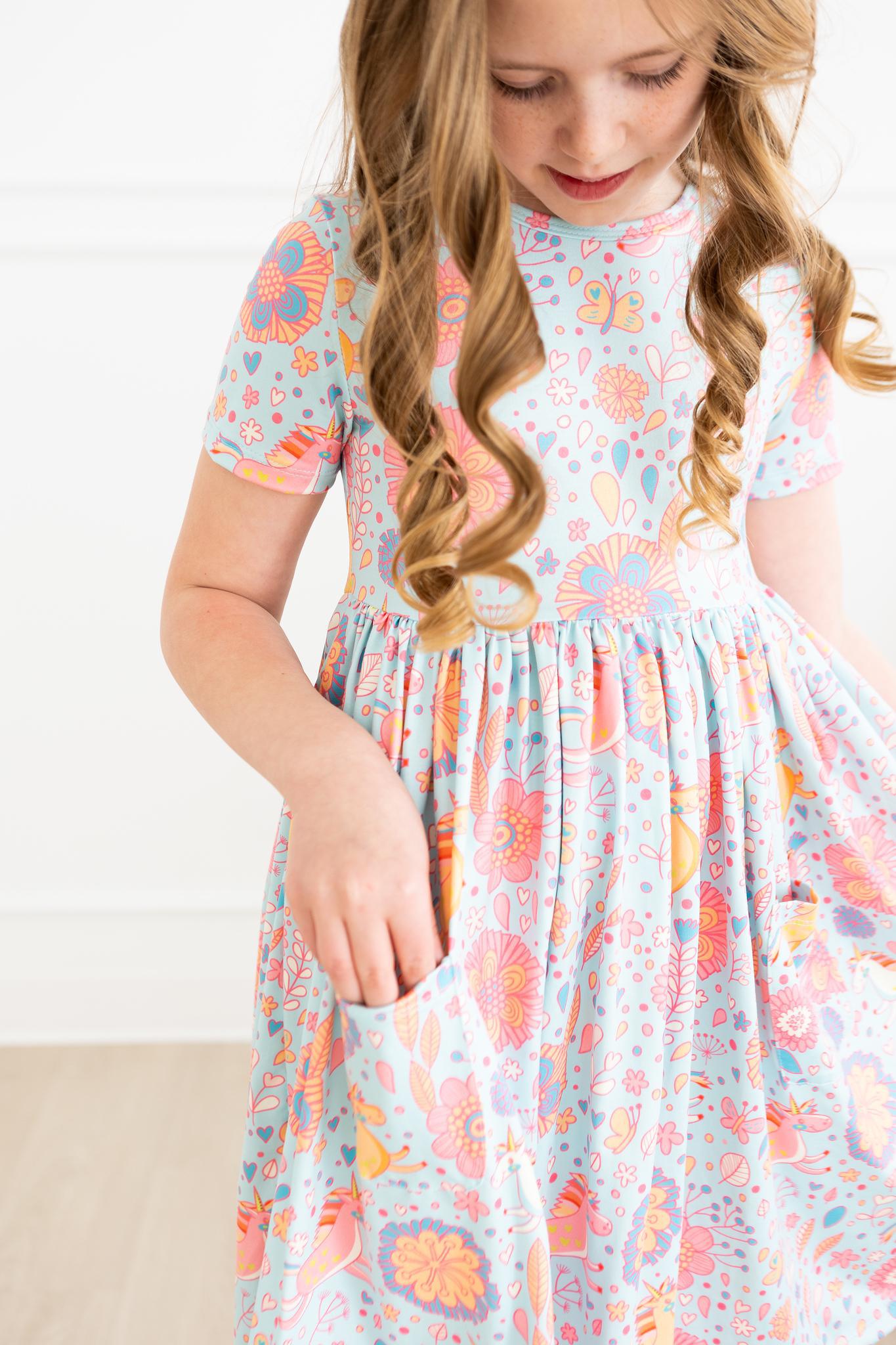 SALE Blue Retro Unicorns S/S Pocket Twirl Dress
