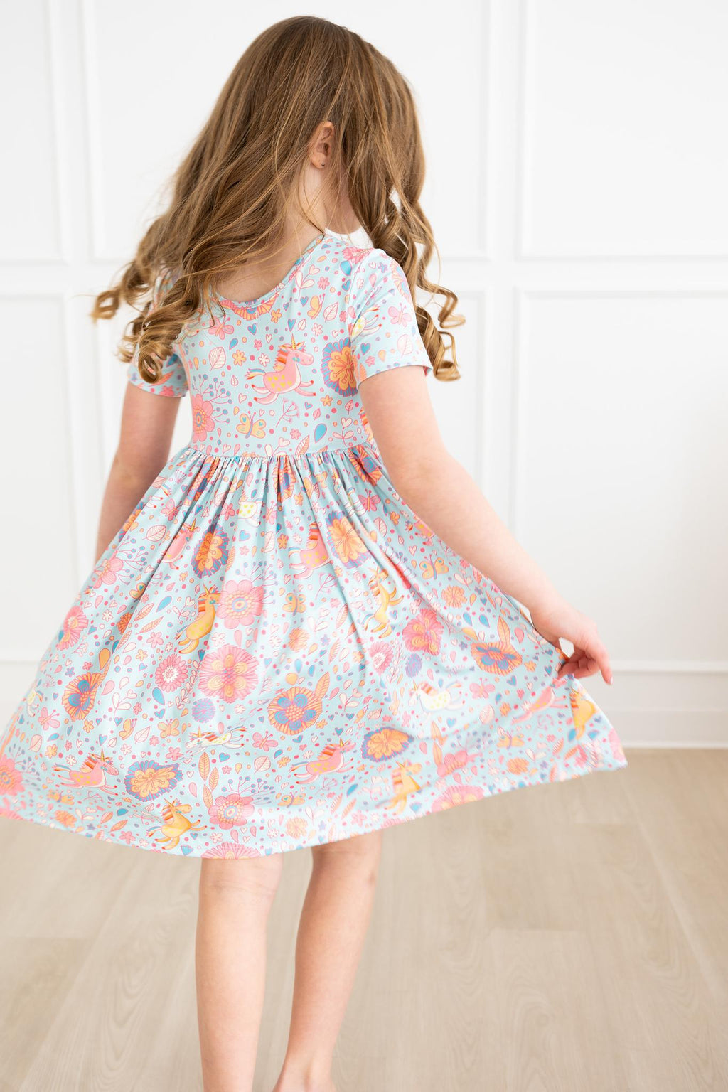 SALE Blue Retro Unicorns S/S Pocket Twirl Dress