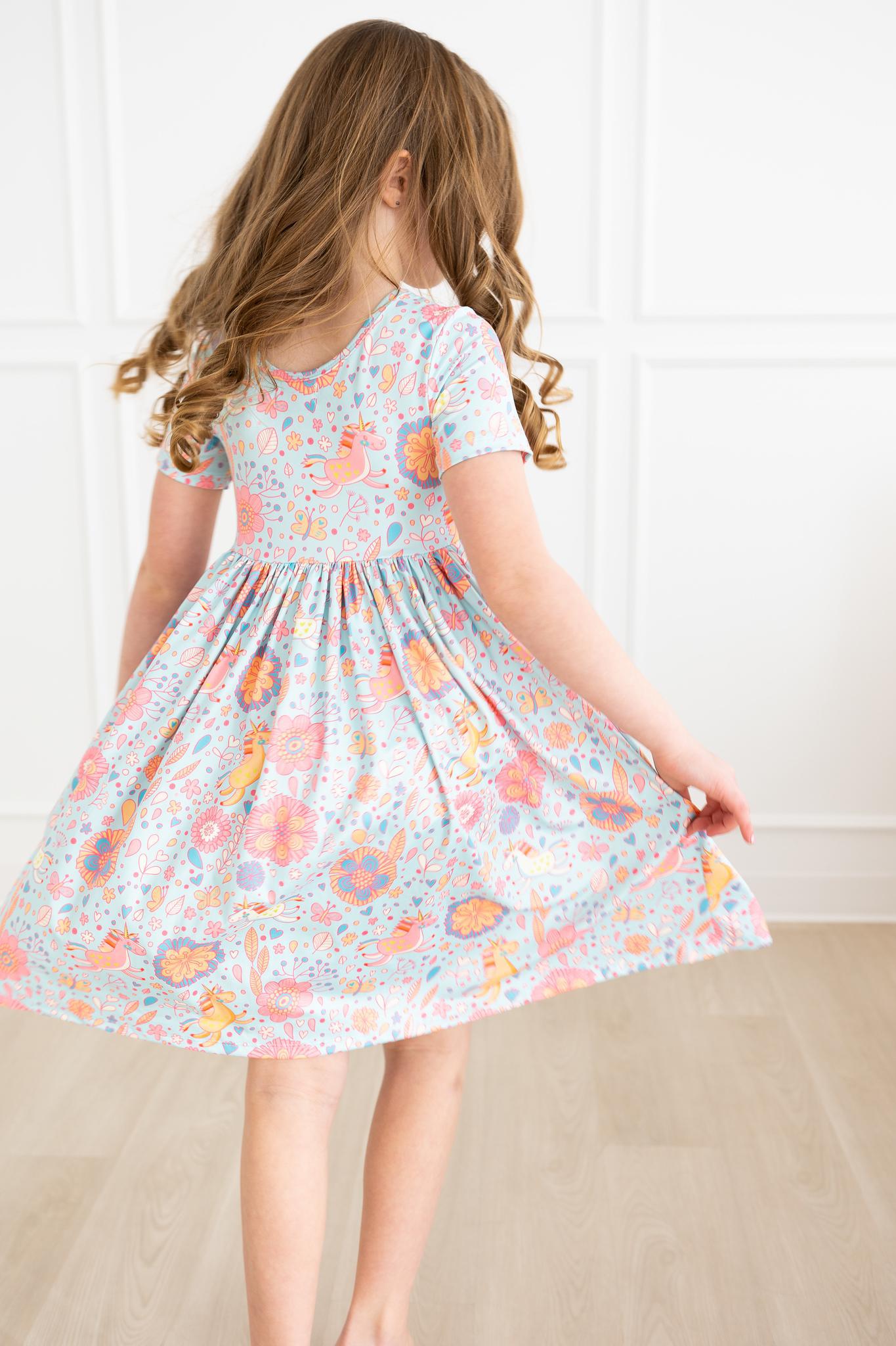 SALE Blue Retro Unicorns S/S Pocket Twirl Dress