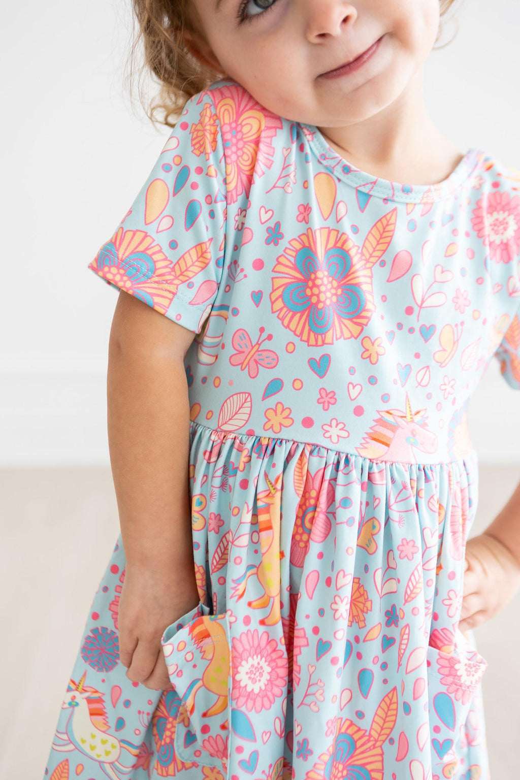 SALE Blue Retro Unicorns S/S Pocket Twirl Dress