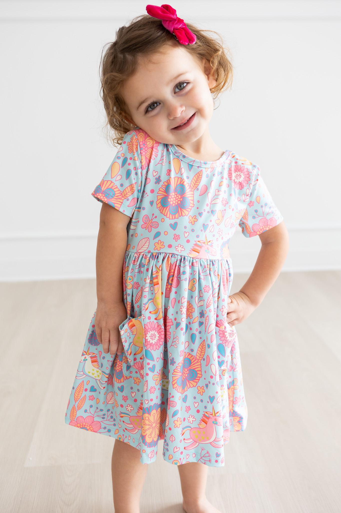 SALE Blue Retro Unicorns S/S Pocket Twirl Dress