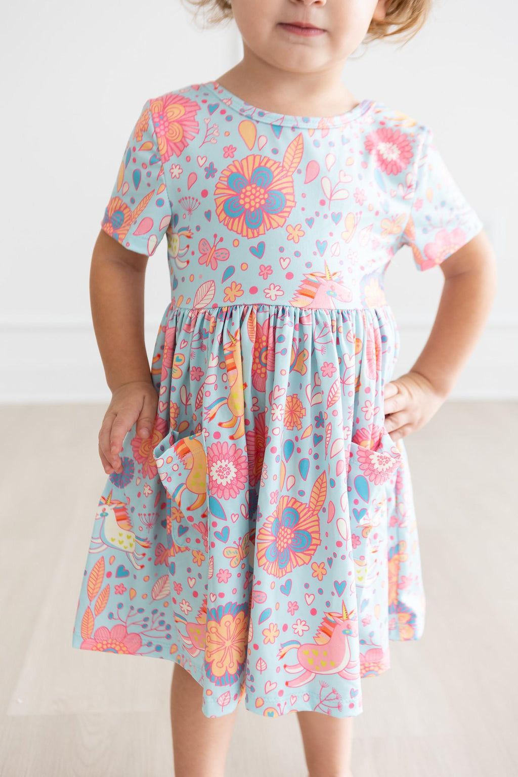 SALE Blue Retro Unicorns S/S Pocket Twirl Dress