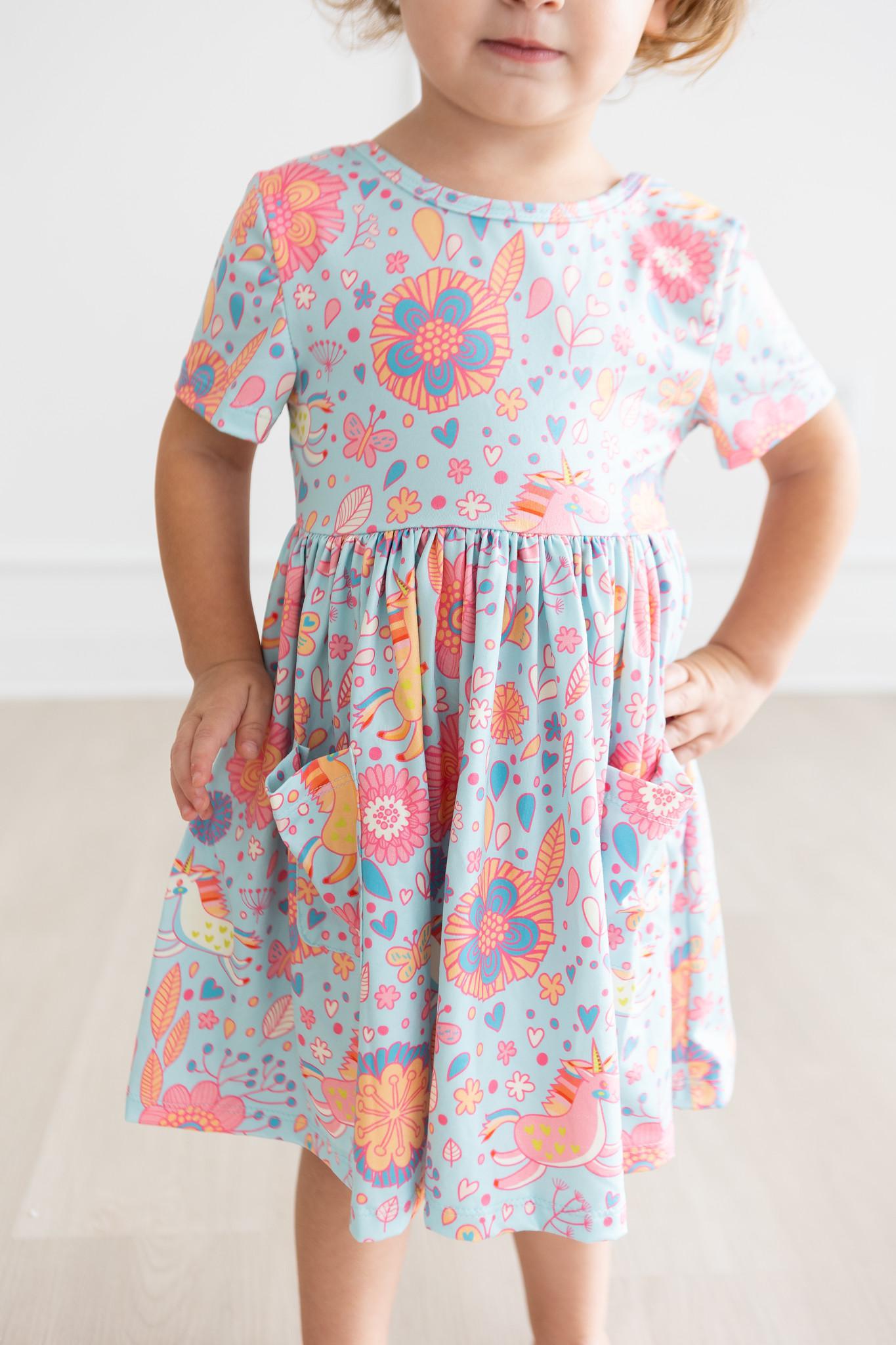 SALE Blue Retro Unicorns S/S Pocket Twirl Dress