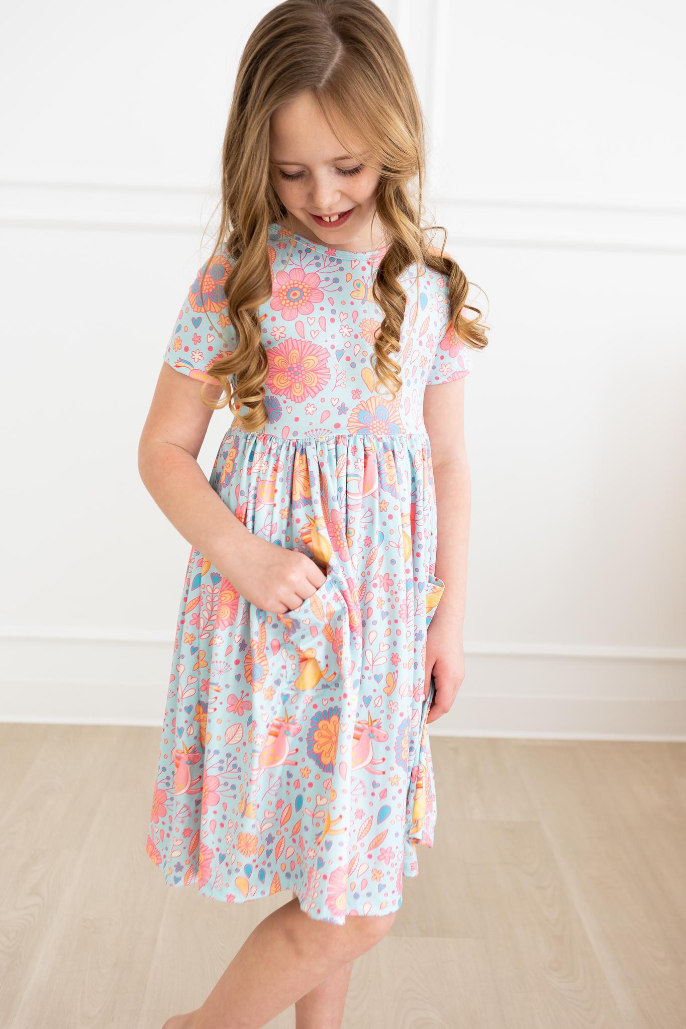 SALE Blue Retro Unicorns S/S Pocket Twirl Dress