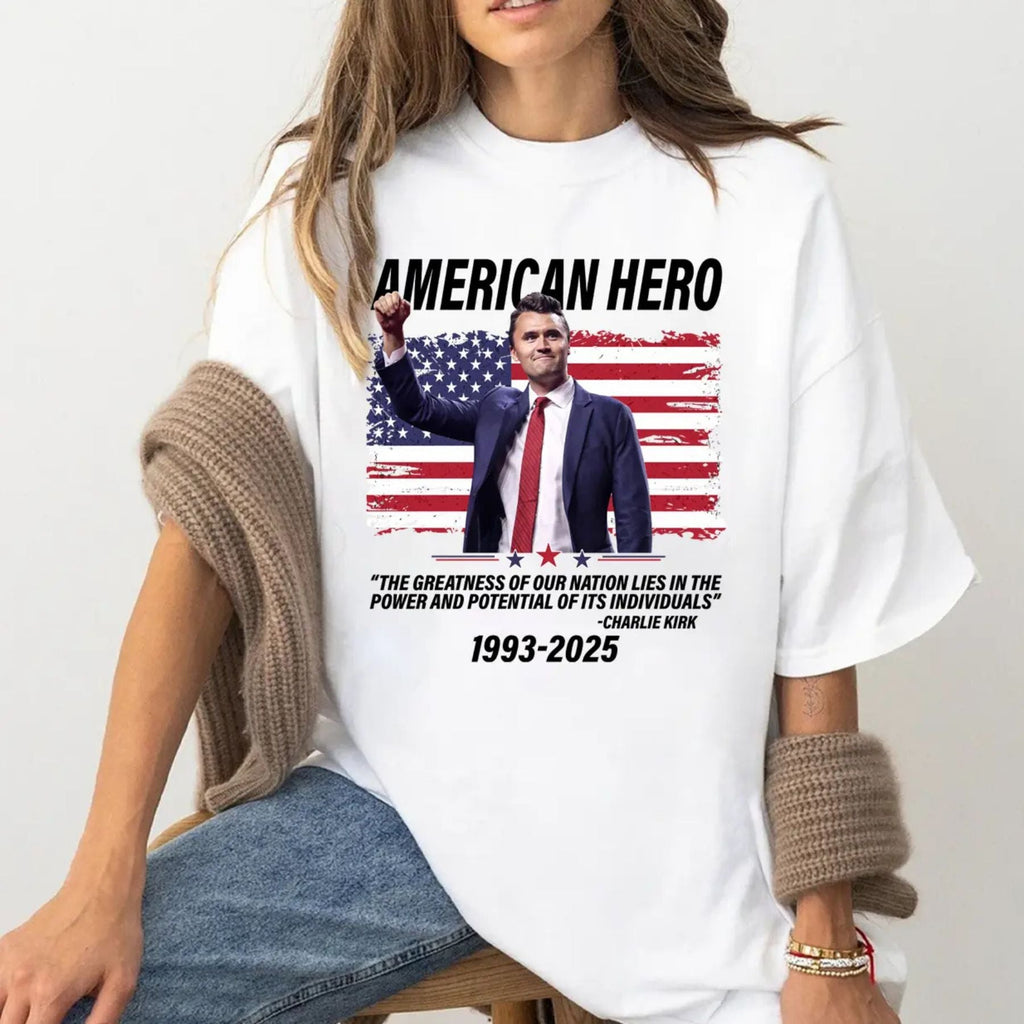 Charlie Kirk "American Hero" T-Shirt - Patriotic Statement Tee, Conservative Political Apparel