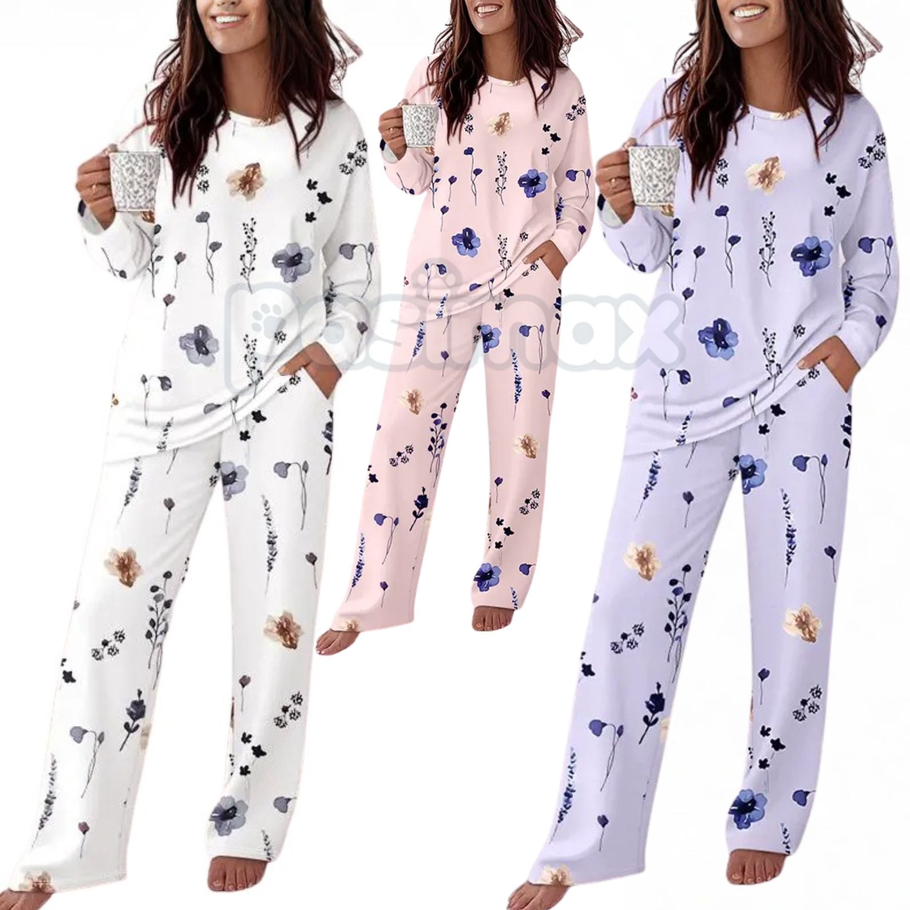 ChicMe Women's Floral Print Lounge Set - Long Sleeve Top & Casual Pants with Pockets, Comfortable Home Wear