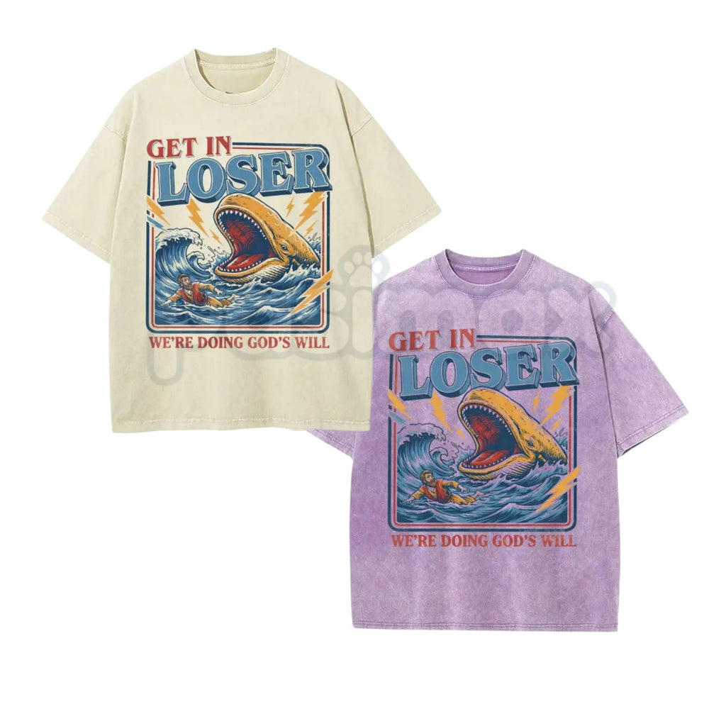 Christian Streetwear Jonah and the Whale T-Shirt – Get In Loser We're Doing God's Will Graphic Tee, Vintage Washed Faith Lightweight Cotton Top